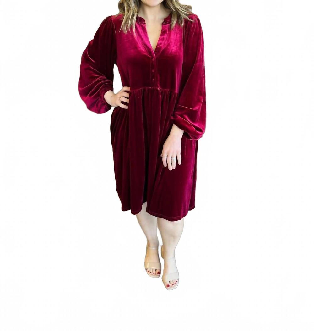 NEW VINE & LOVE velvet rose babydoll midi dress in burgundy